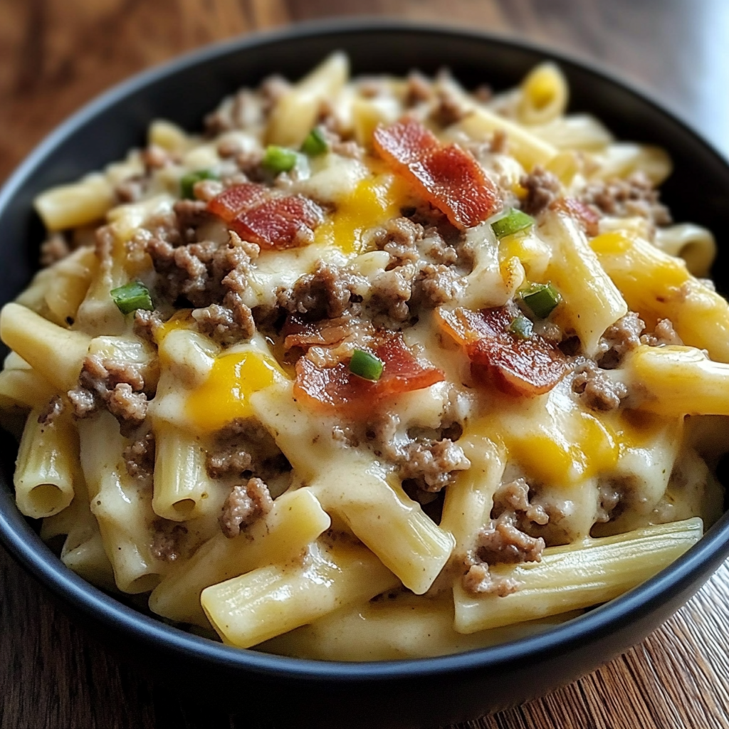 Recipe preparation for Loaded Bacon Cheeseburger Pasta