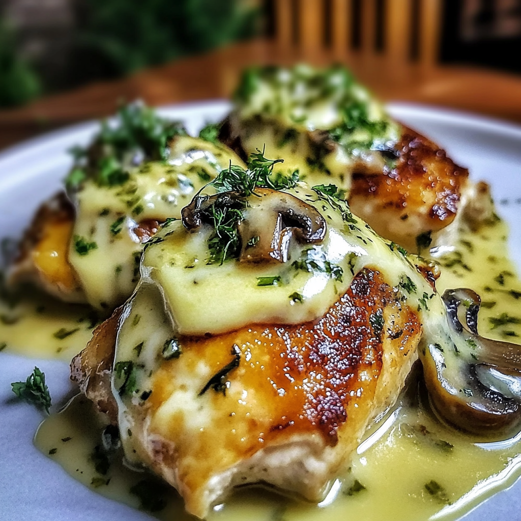 Recipe preparation for Cheesy Garlic Butter Mushroom Stuffed Chicken