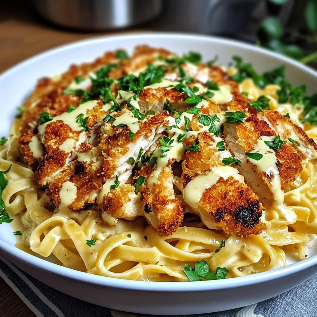Recipe preparation for Crispy Chicken Fettuccine Alfredo