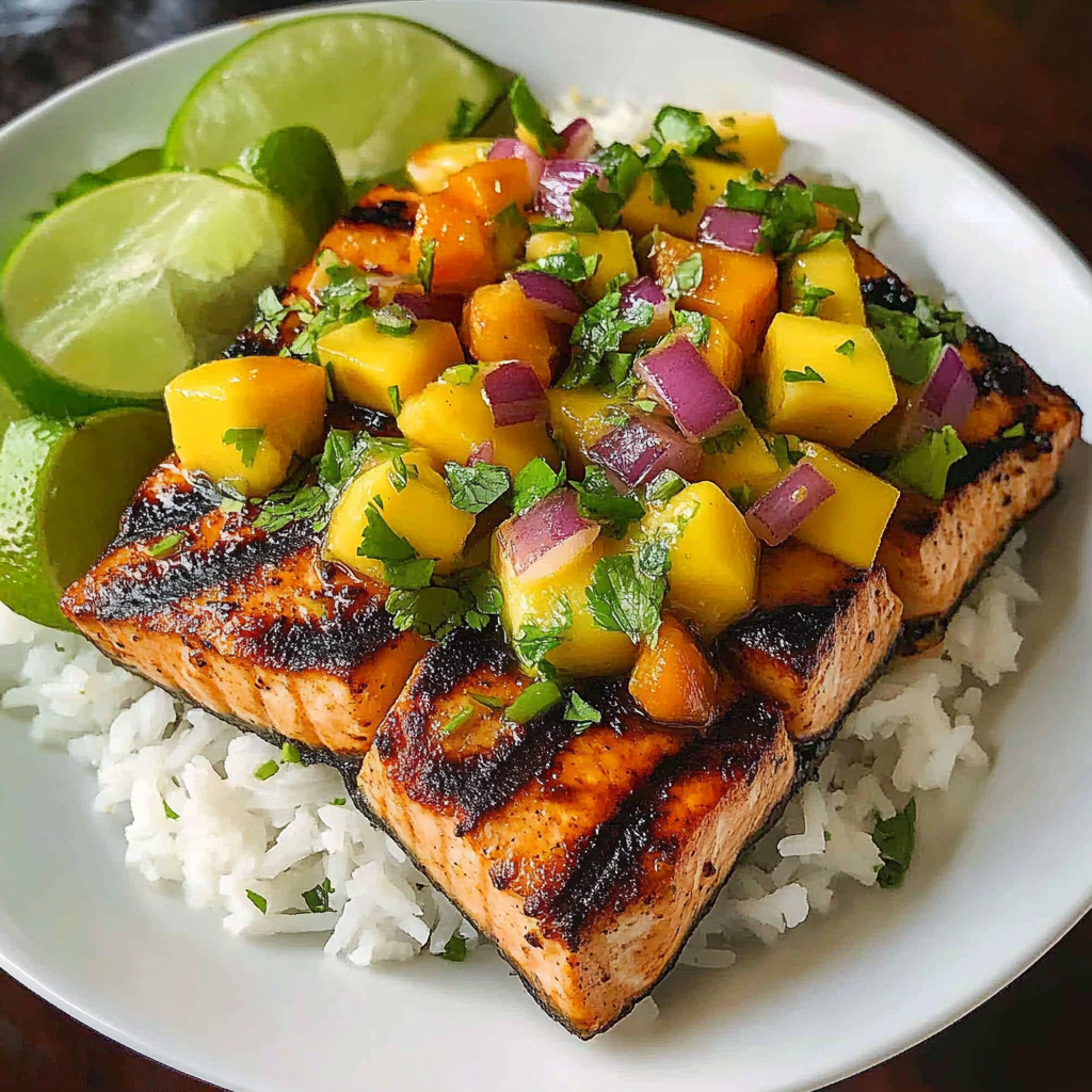 Recipe preparation for Grilled Salmon Mango Salsa