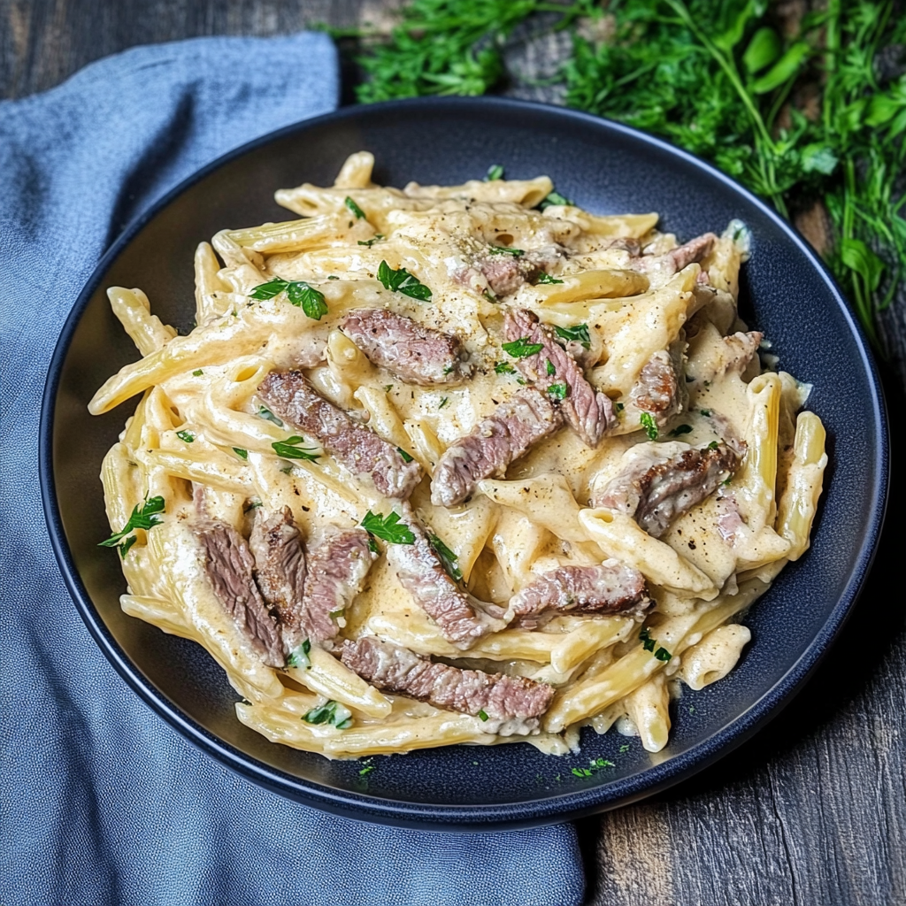 Recipe preparation for Steak Creamy Garlic Pasta
