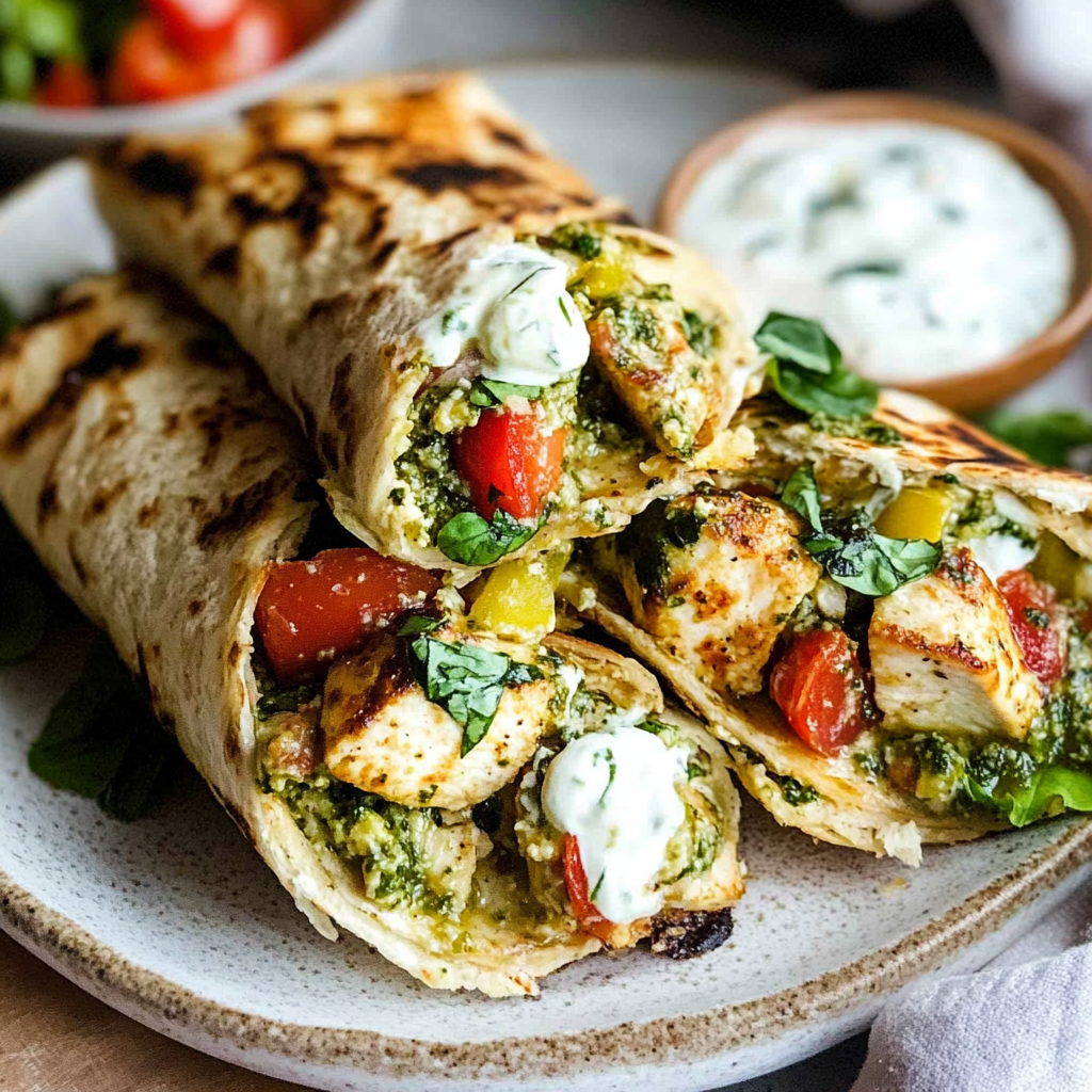Recipe preparation for Bruschetta Chicken Pesto Wraps