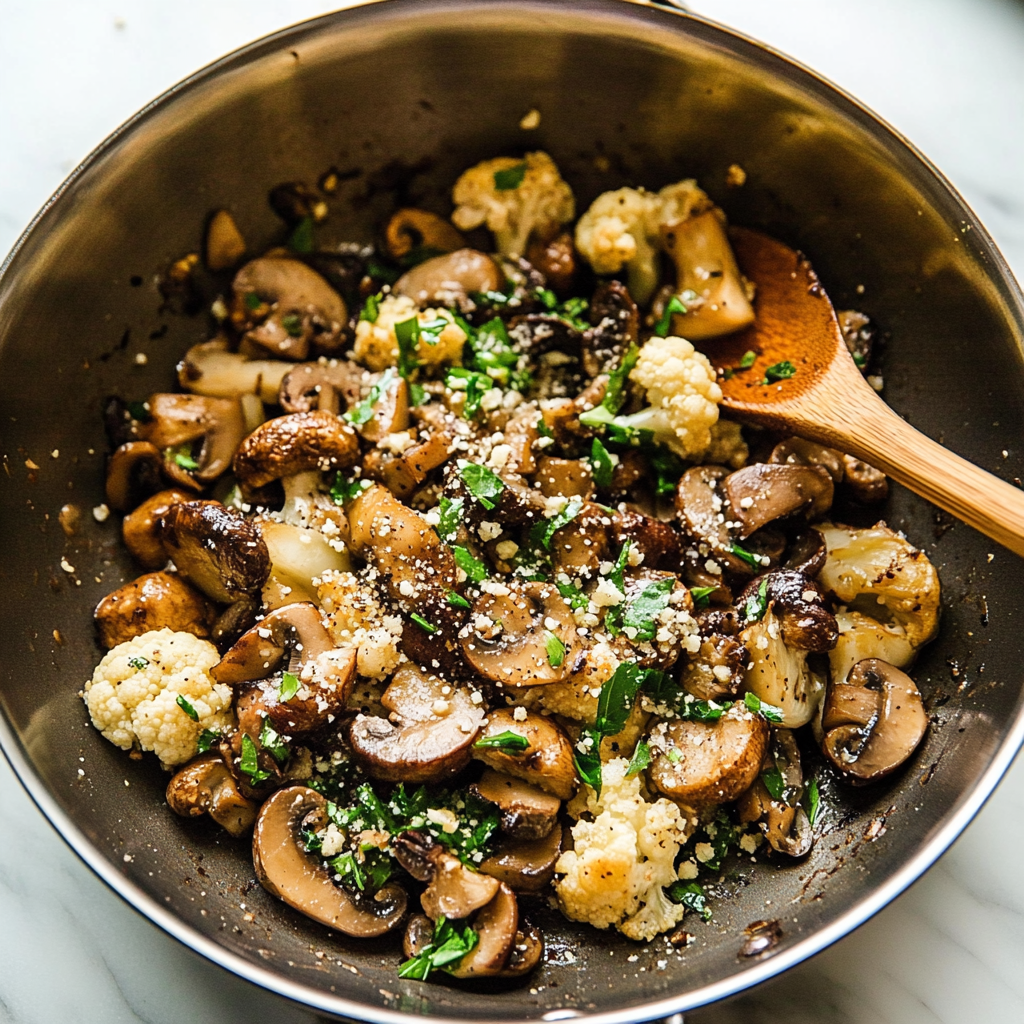 Recipe preparation for Garlic Mushrooms Cauliflower Skillet