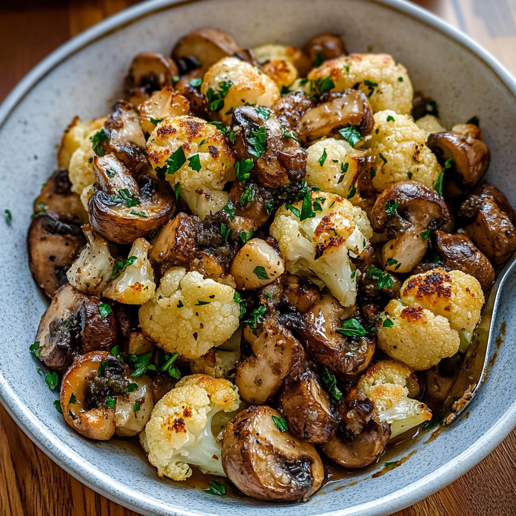 Recipe preparation for Garlicy Roasted Cauliflower & Mushrooms