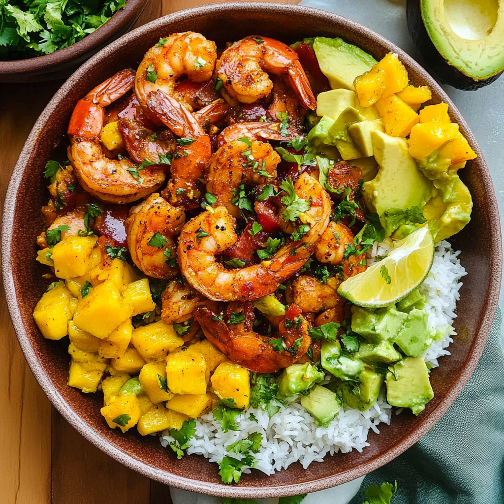 Recipe preparation for Shrimp Avocado Bowl with Mango Salsa
