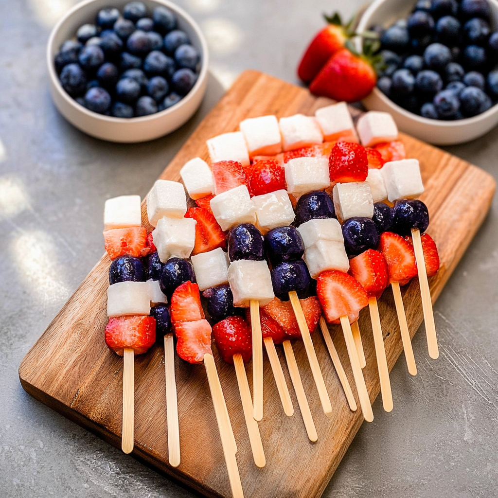 Recipe preparation for Red, White and Blue Fruit Kabobs