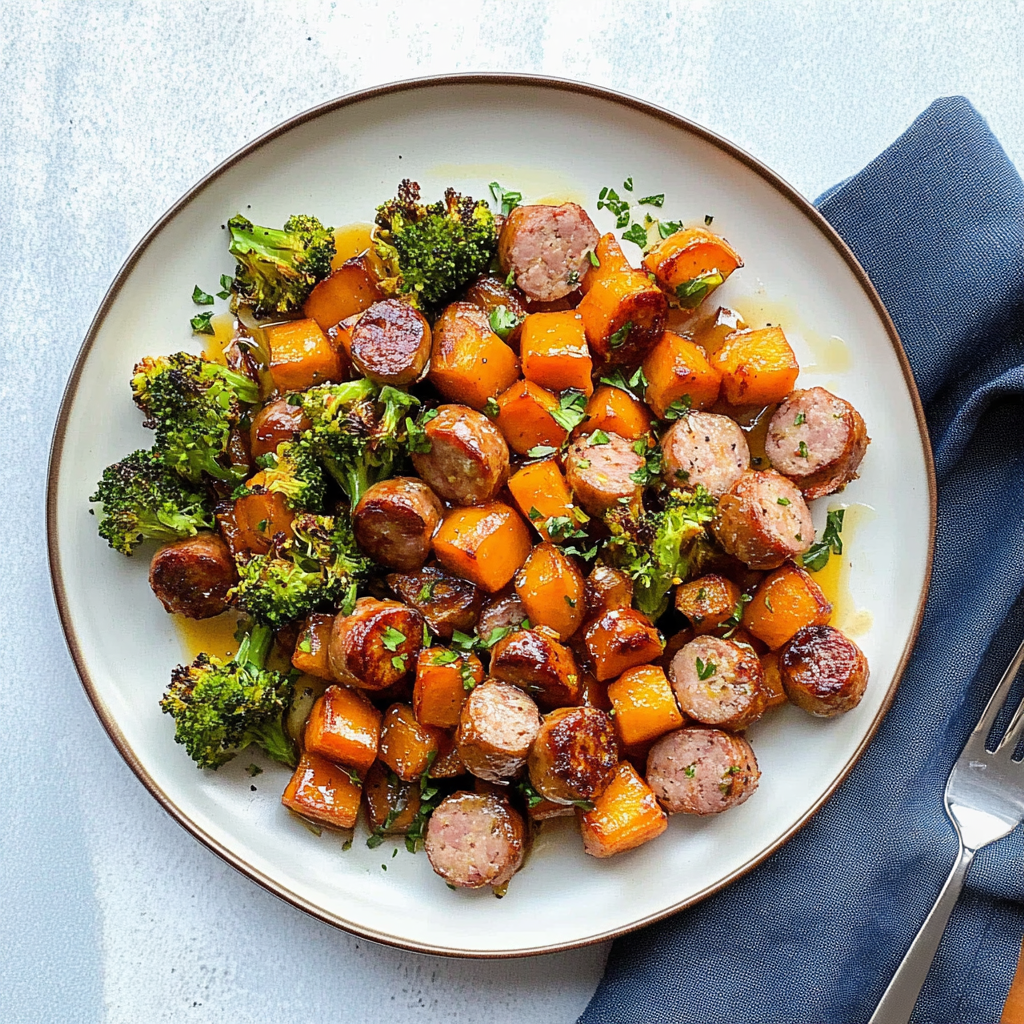 Recipe preparation for Sheet Pan Sausage and Sweet Potatoes with Honey Garlic Sauce