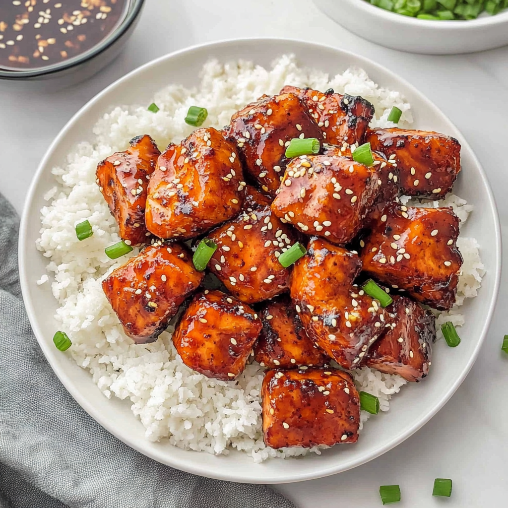 Recipe preparation for Honey Garlic Salmon Bites