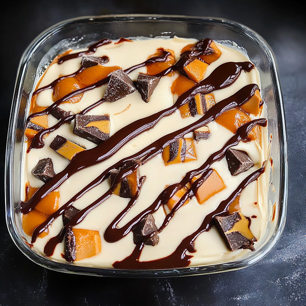 Recipe preparation for Twix Ice Cream Cake