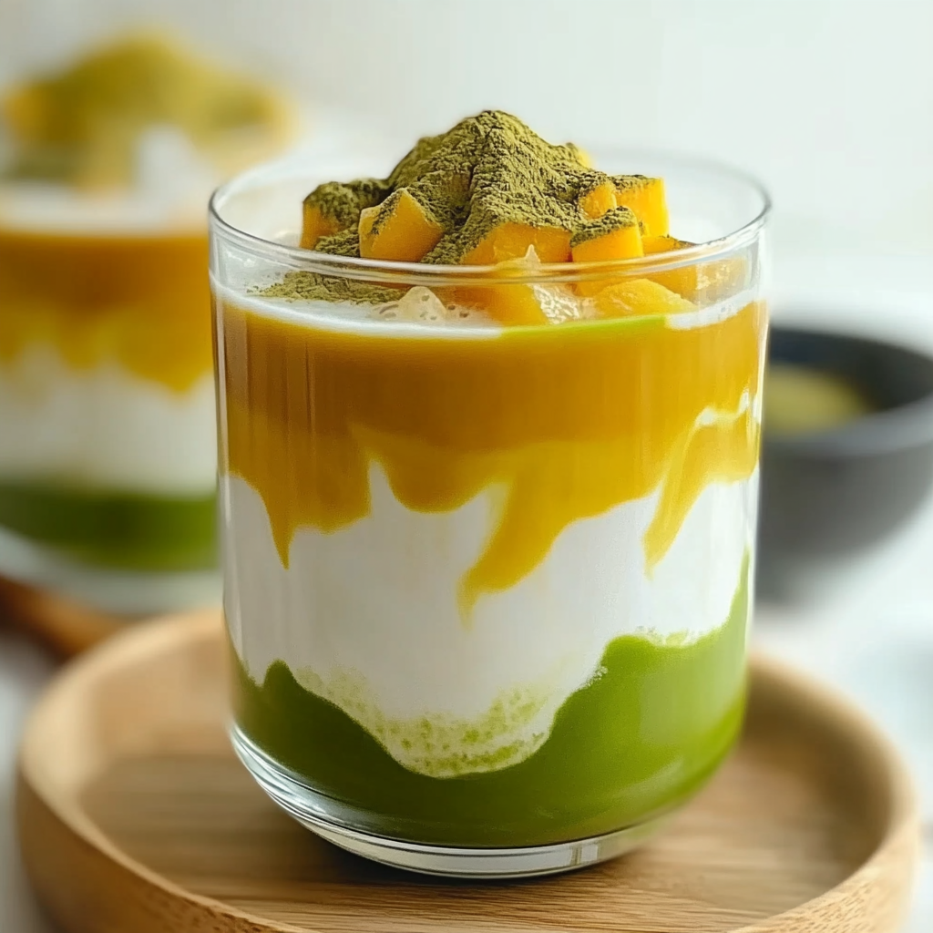 Recipe preparation for Iced Mango Matcha Latte Recipe