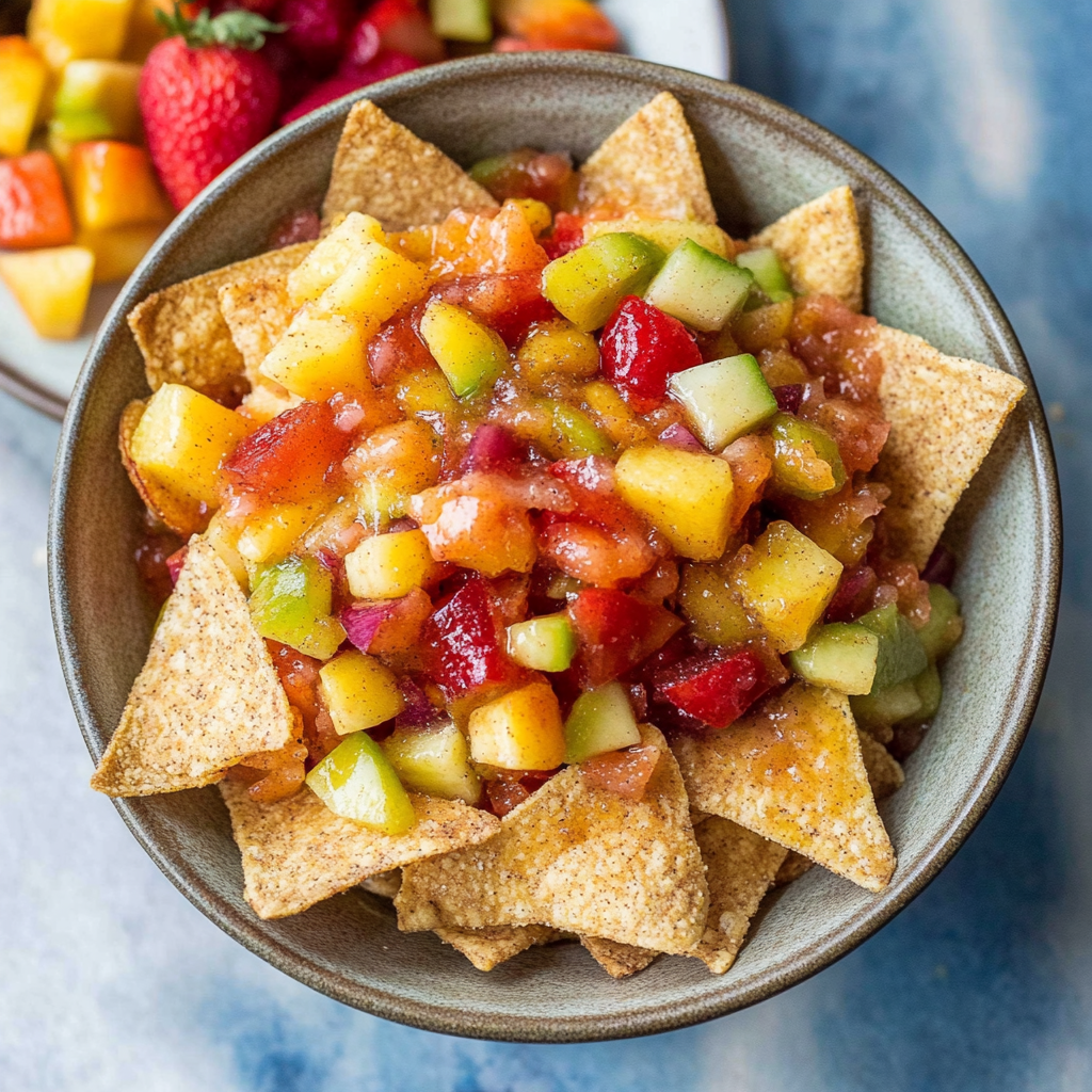 Recipe preparation for Fruit Salsa with Cinnamon Sugar Tortilla Chips