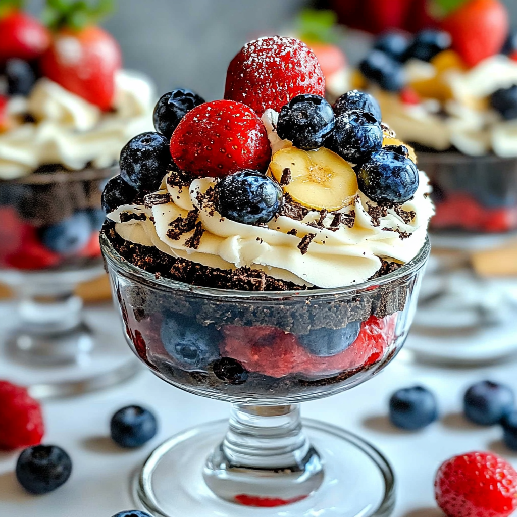 Recipe preparation for Oreo Trifle with Blueberries and Strawberries