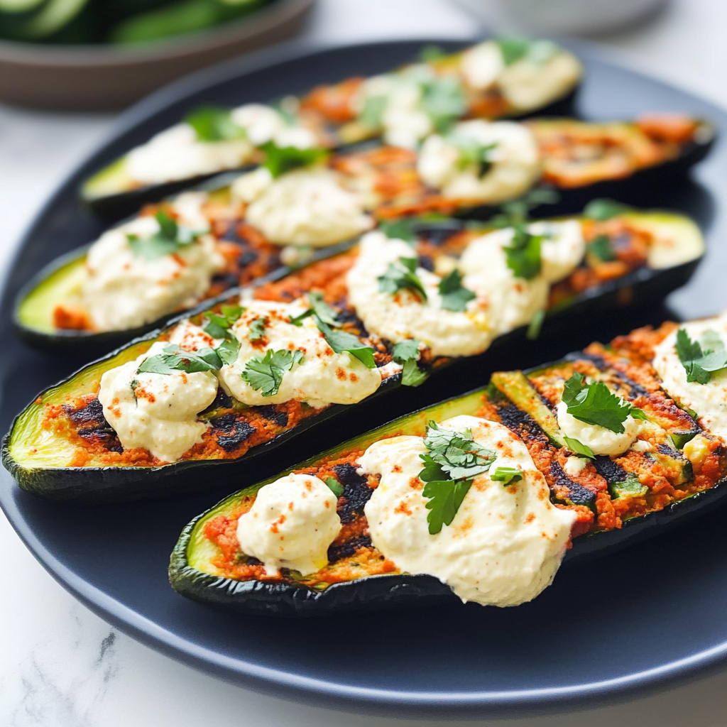 Recipe preparation for Mexican Zucchini Boats with Yogurt Sauce