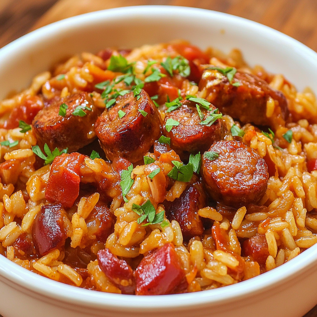 Recipe preparation for One Pot Smoked Sausage Rice