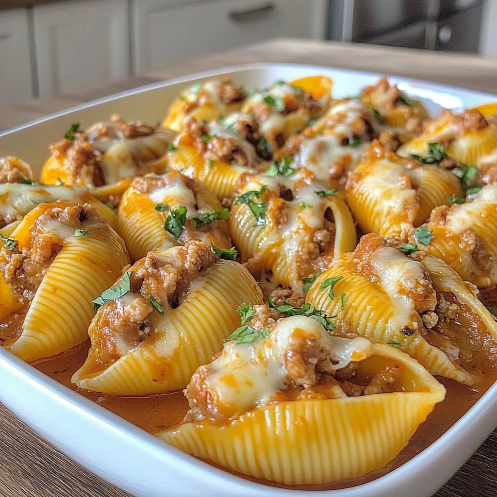 Recipe preparation for Cheesy Taco Stuffed Pasta Shells