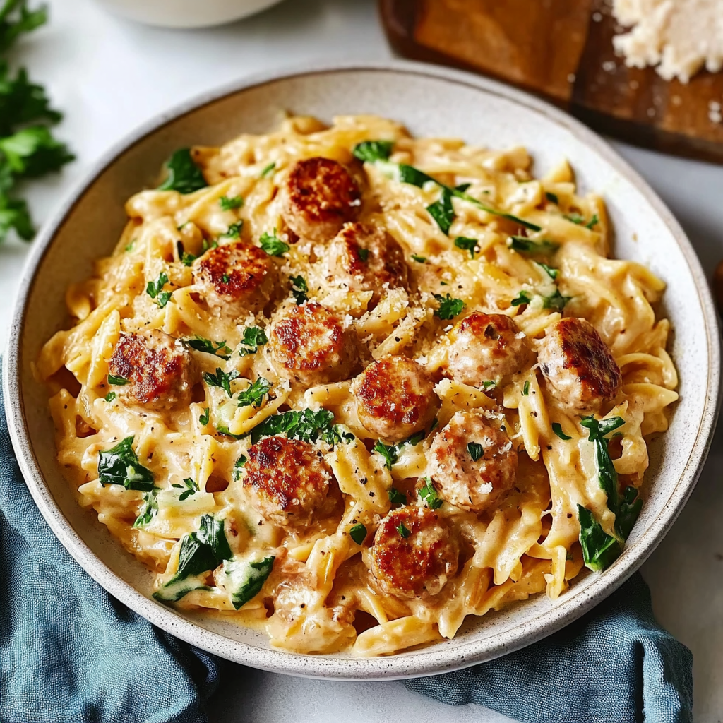 Recipe preparation for Creamy Chicken Sausage Orzo