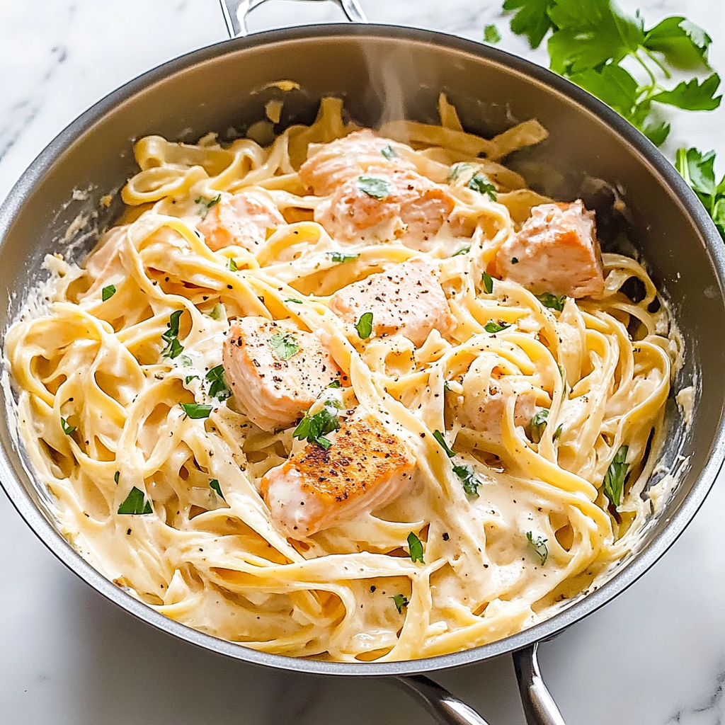 Recipe preparation for Salmon Fettuccine Creamy Alfredo