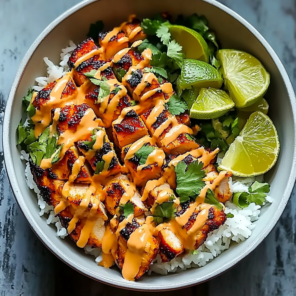 Recipe preparation for Sweet Chili Chicken Bowl with Coconut Lime Drizzle