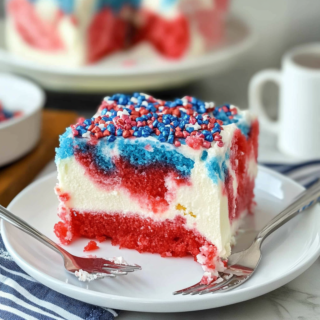 Recipe preparation for 4th of July Patriotic Poke Cake