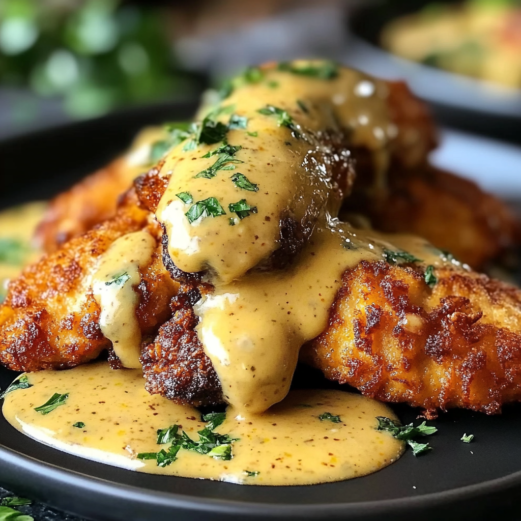 Recipe preparation for Pretzel Chicken with Mustard-Cheddar Sauce