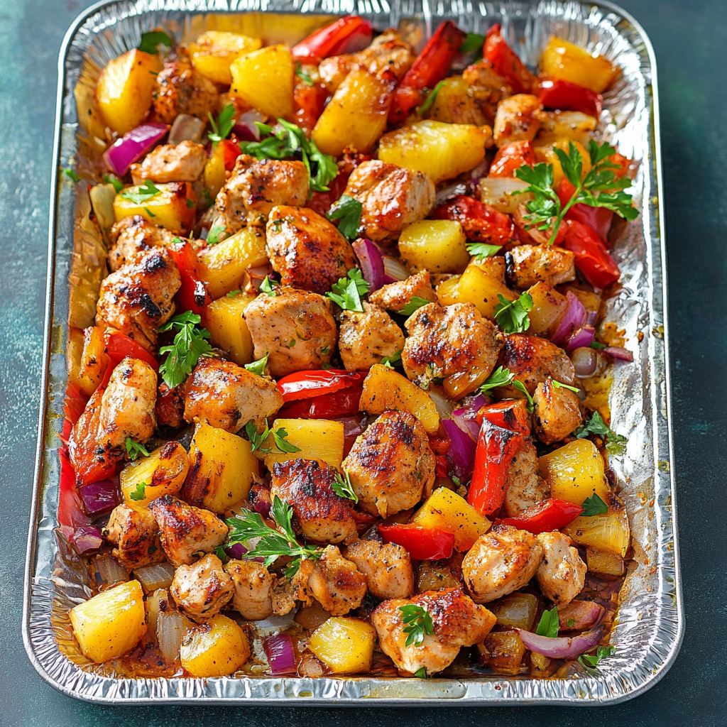 Recipe preparation for Sheet Pan Hawaiian Chicken with Pineapple and Peppers