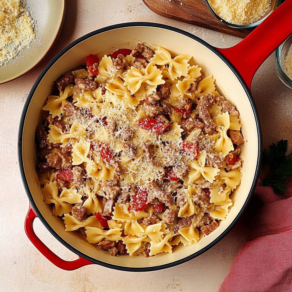 Recipe preparation for Italian Sausage with Bow Tie Pasta