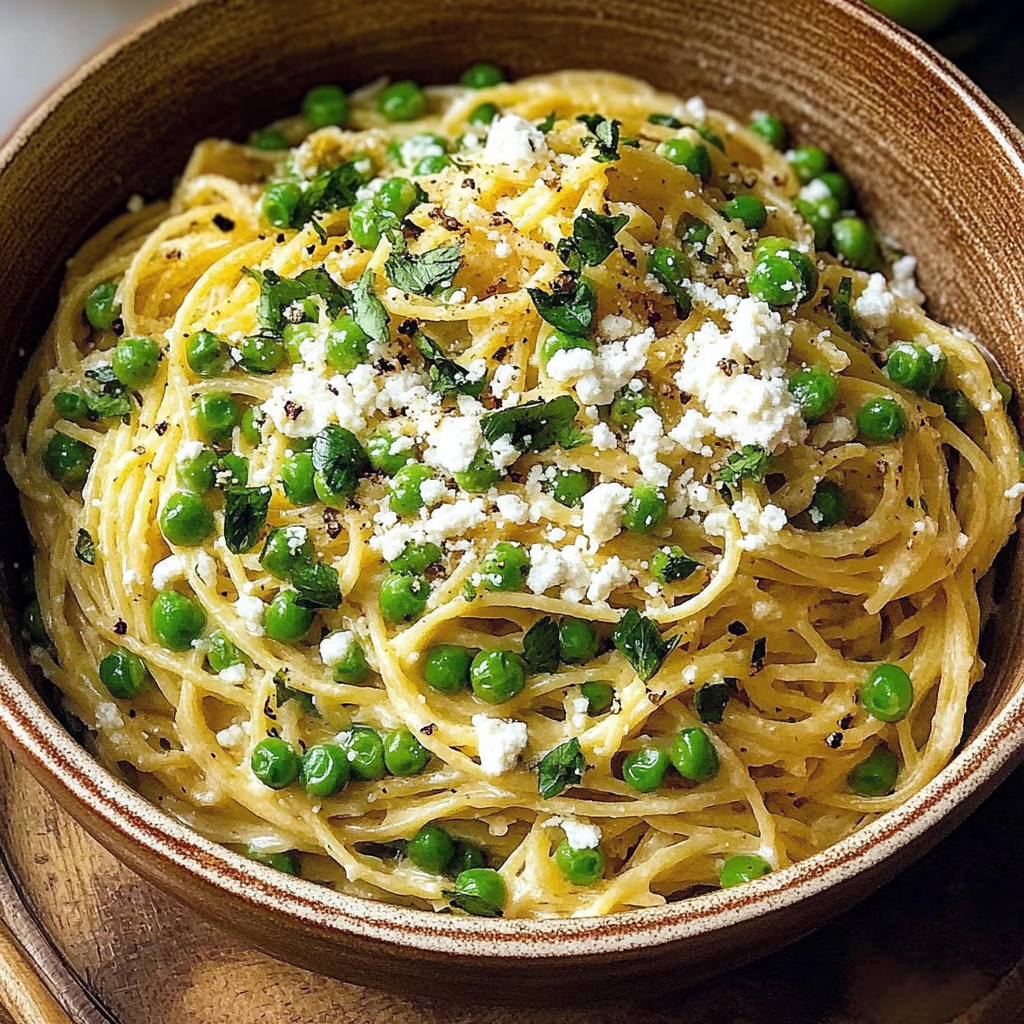 Recipe preparation for Spaghetti Goat Cheese Mint Peas