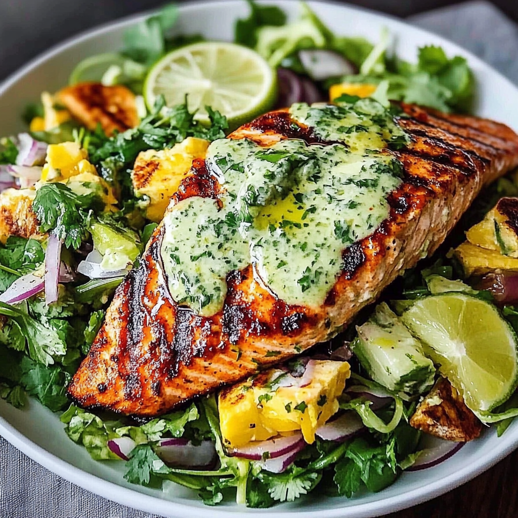 Recipe preparation for Grilled Salmon Cilantro Lime Salad