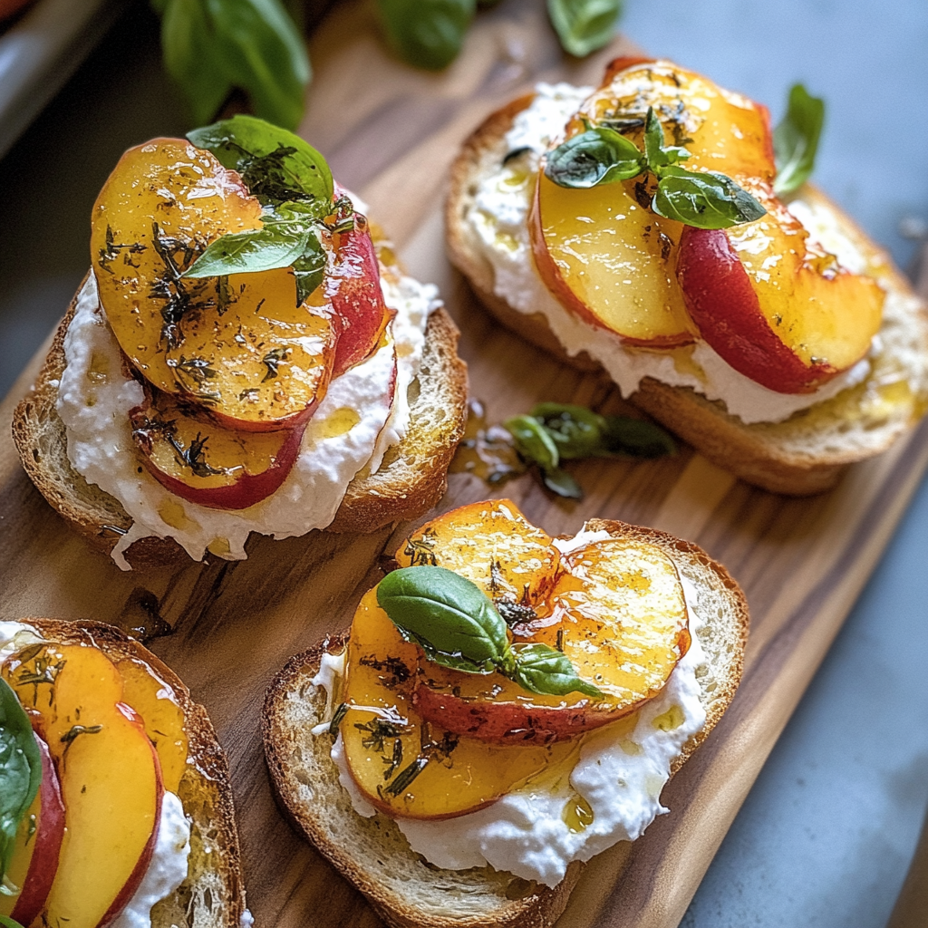 Recipe preparation for Peach Burrata Parmesan Crostini with Hot Honey
