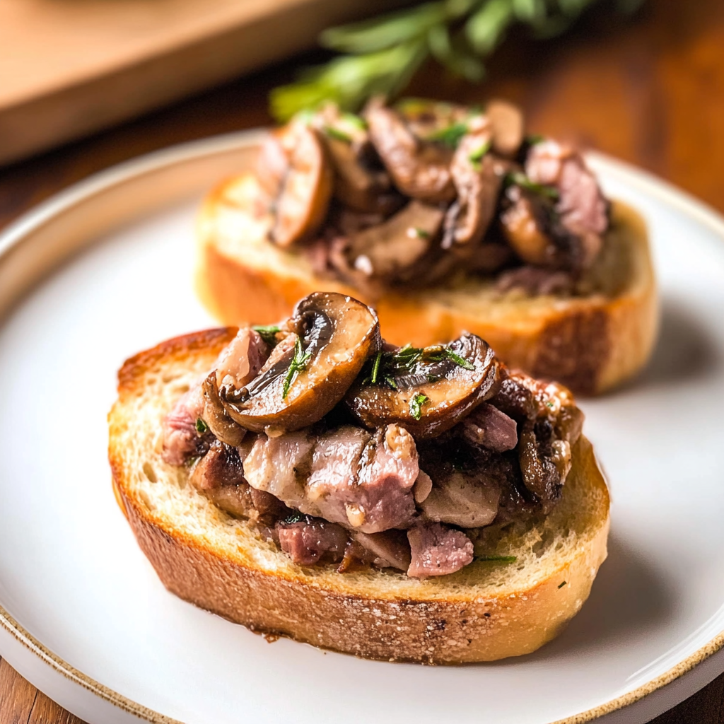 Recipe preparation for Steak and Mushroom Bruschetta