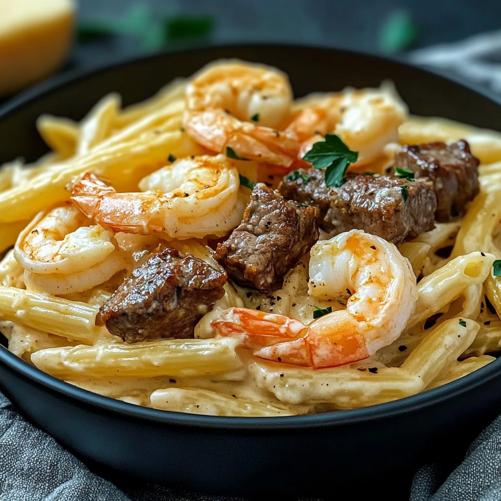 Recipe preparation for Cajun Shrimp and Steak Alfredo Pasta