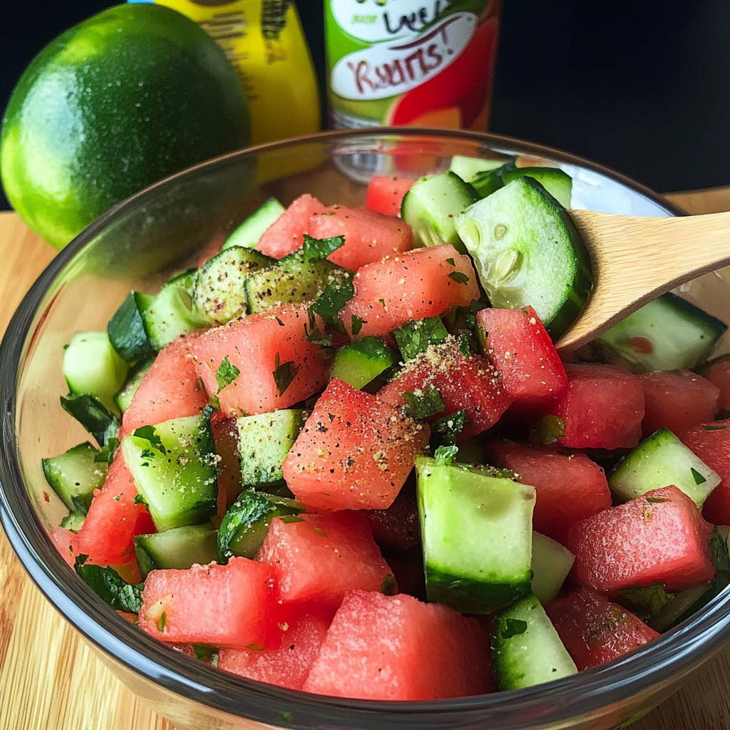 Recipe preparation for Mexican Watermelon Cucumber Salad