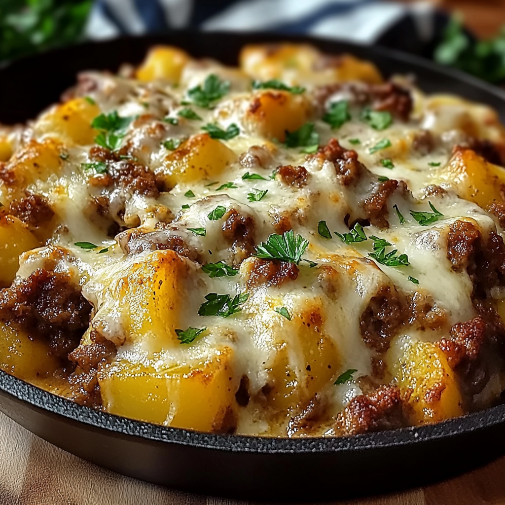 Recipe preparation for Cheesy Meat Potato Skillet