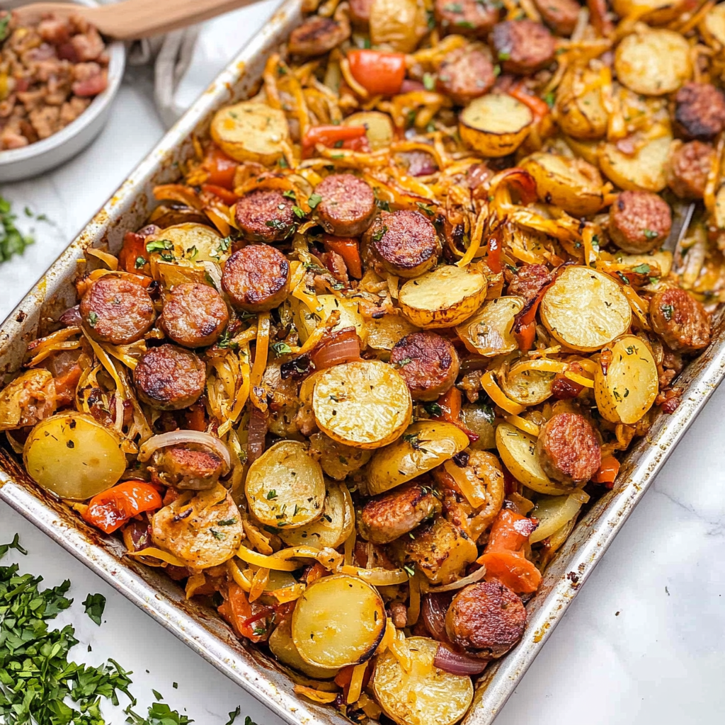 Recipe preparation for Sheet Pan Potatoes Sausage and Veggies