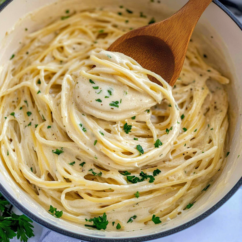 Recipe preparation for Creamy Garlic Pasta