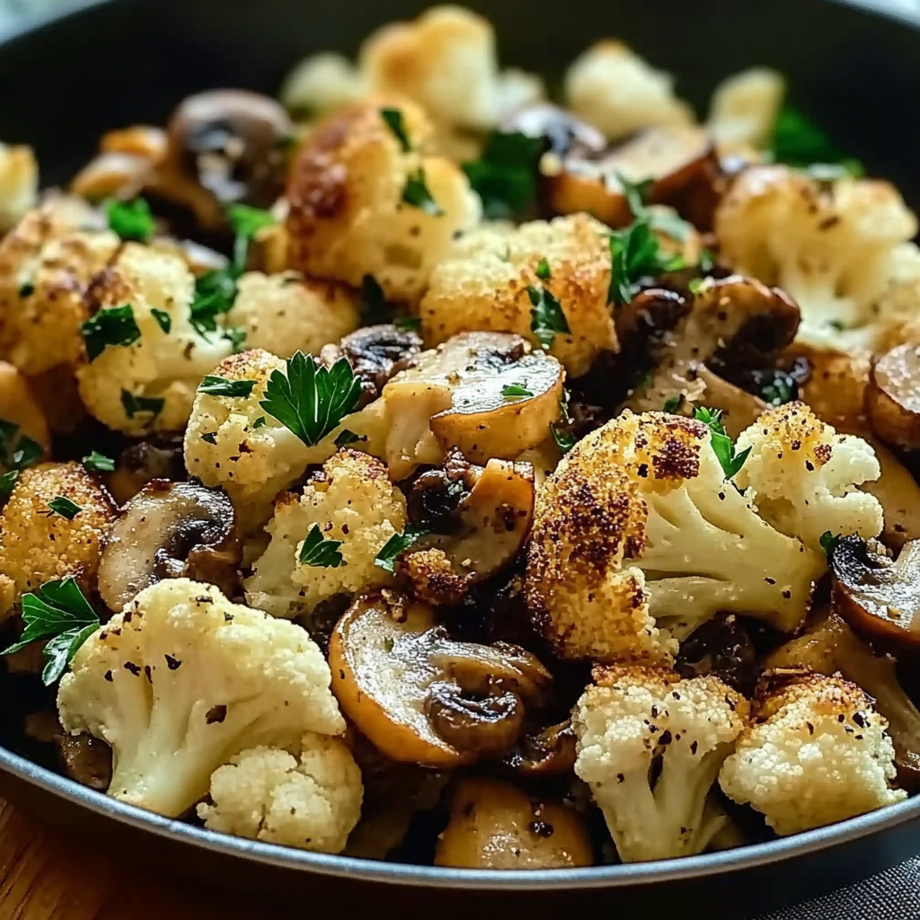 Recipe preparation for Garlic Cauliflower Mushroom Skillet
