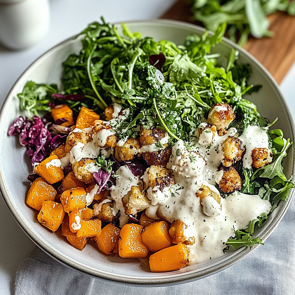 Recipe preparation for Nourish Bowl with Tahini Yogurt Dressing