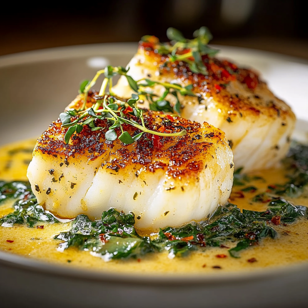Recipe preparation for Pan-Seared Cod with Garlic Cream Sauce
