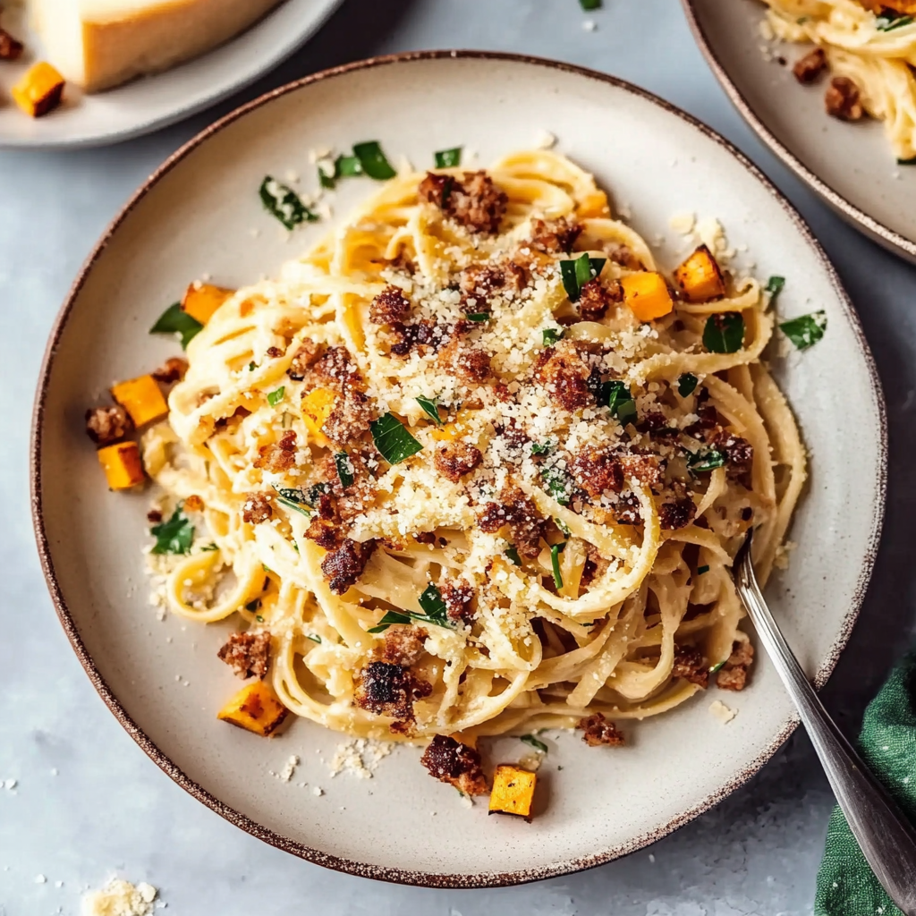 Recipe preparation for Creamy Butternut Squash Pasta with Sausage