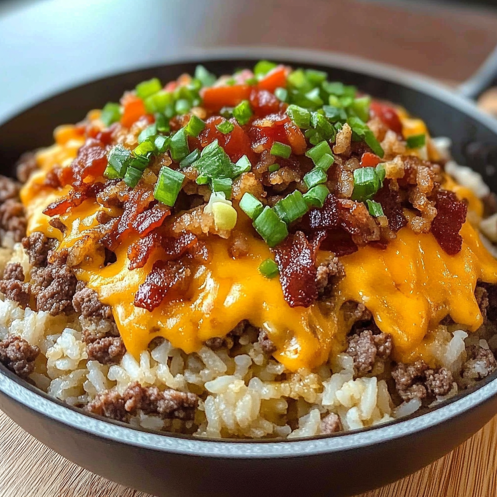 Recipe preparation for Bacon Cheeseburger Rice Skillet