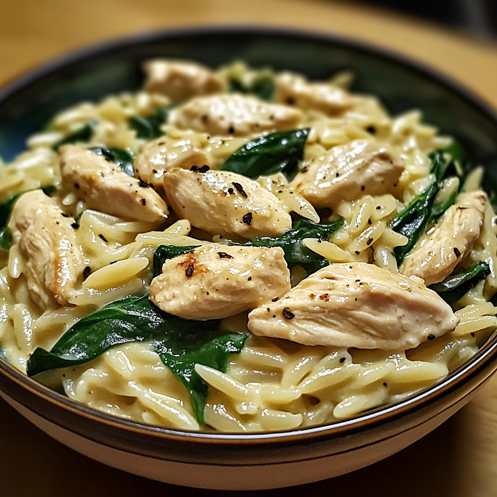 Recipe preparation for Creamy Chicken and Spinach Orzo