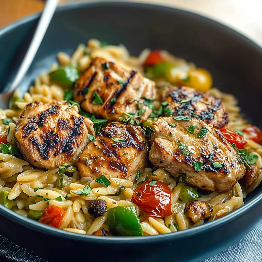Recipe preparation for Mediterranean Chicken Orzo