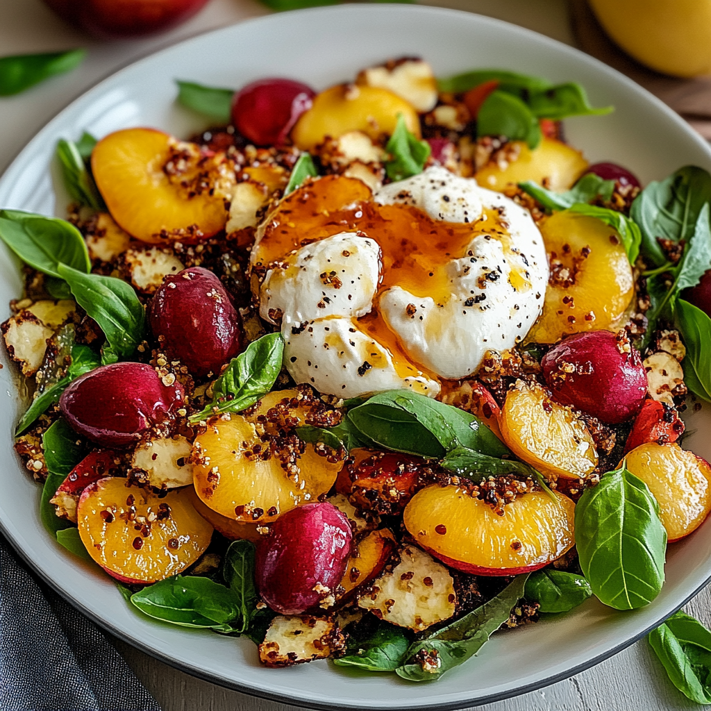 Recipe preparation for Peach Burrata Salad