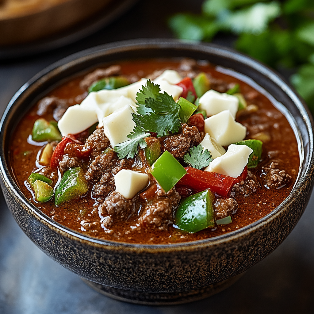 Recipe preparation for Smoky Beef and Poblano Pepper Chili