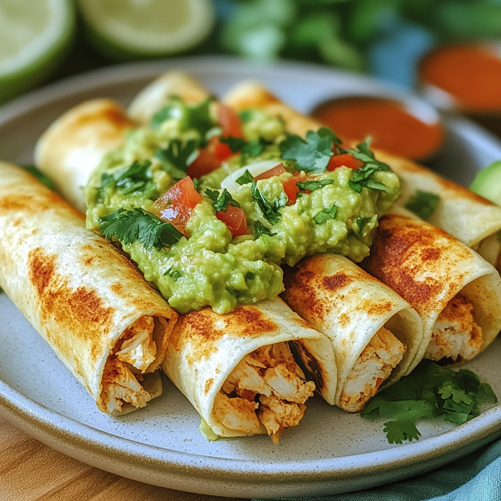 Recipe preparation for Crispy Chicken Flautas Guacamole Salsa