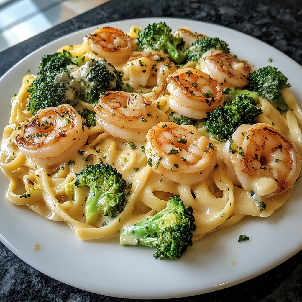 Recipe preparation for Creamy Shrimp Broccoli Alfredo