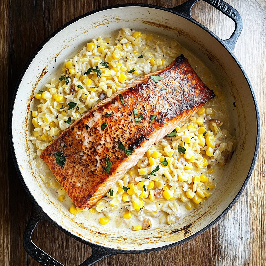 Recipe preparation for Creamed Corn Orzo with Salmon
