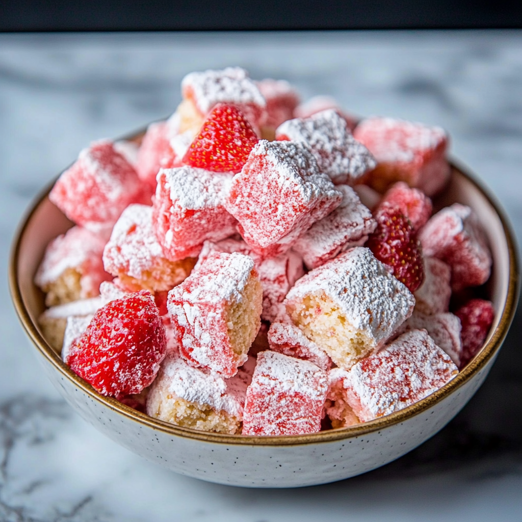 Recipe preparation for Strawberry Shortcake Puppy Chow