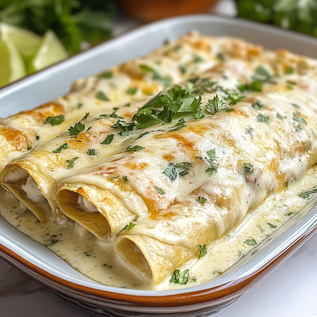 Recipe preparation for Creamy White Chicken Enchiladas