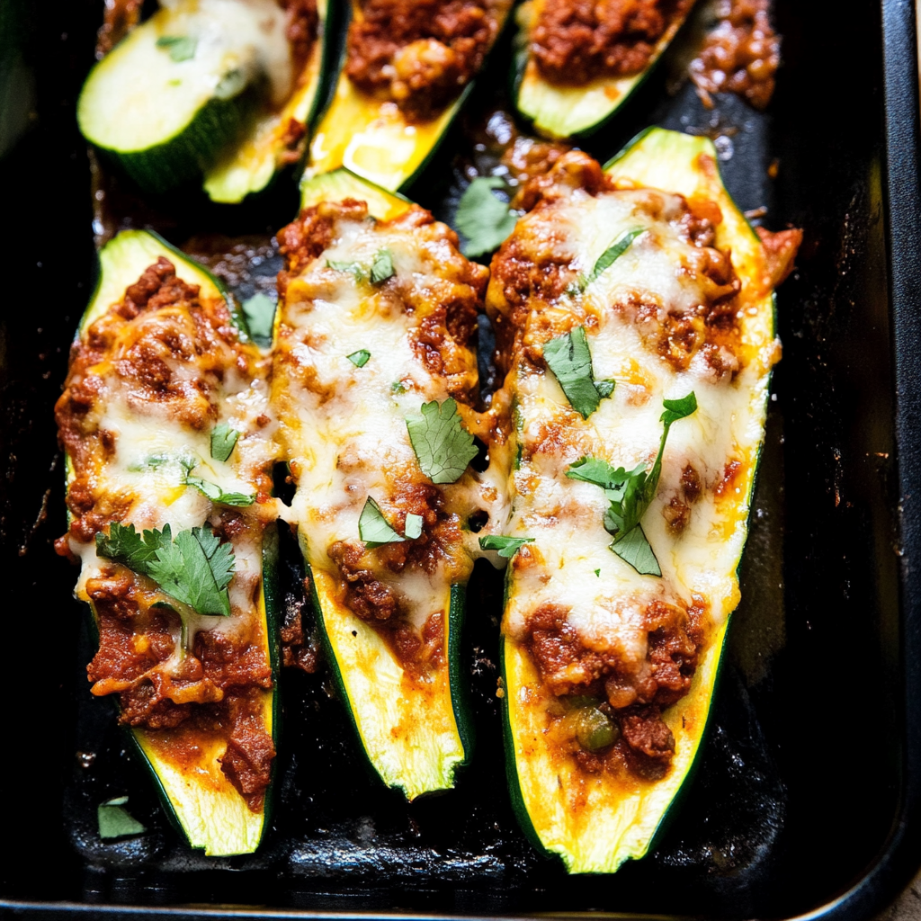 Recipe preparation for 30-Min Ground Beef Zucchini Boats